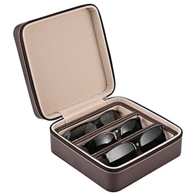 ROSELLE Eyewear Travel Case for women men, Luxury leather 3-Slot Eyeglasses Storage Box for Multiple Glasses and Sunglasses(Coffee)