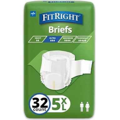FitRight Bariatric Adult Diapers, Ultra Heavy Absorbency, 5XL (Waist Size 90in-106in), 32 Count, Disposable Incontinence Briefs for Men and Women, Moisture-Wicking, Leak Protection,
