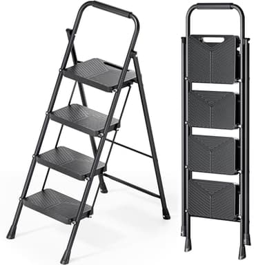 KINGRACK Folding 4 Step Ladder, Portable Ladder for Multi-Purpose, Home, Kitchen, Heavy Sturdy Steel Step Stool with Anti-Slip Wide Pedals, Handrail, Safe-Lock Design, Pass 500lbs Load Testing, Black