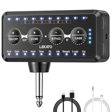 LEKATO Micro Guitar Headphone Amp Bass Guitar Headphone Amplifier with Multi Effects - Amp Models, IR Loading, Tuner, Rechargeable Electric Headphone Amplifier Delay Reverb Chorus Overdrive Portable
