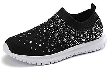 Women's Mesh Walking Shoes Rhinestone Glitter Slip On Ballroom Jazz Latin Dance Sock Sneakers Black 6.5