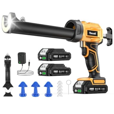 Uaoaii Electric Caulking Gun, Cordless Caulking Gun with 2x 2000mAh Batteries, 9Pcs Silicone Caulking Tools, 4 Adjustable Speeds, LED Light, 10OZ Battery Silicone Gun for Filling, Sealing (Yellow)