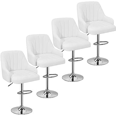 VECELO Bar Stools Set of 4, Adjustable Barstools, Counter Height Stools with Back and Arm, Kitchen Island Stools, Swivel PU Chairs for Pub, Dining Room, Modern Style, White