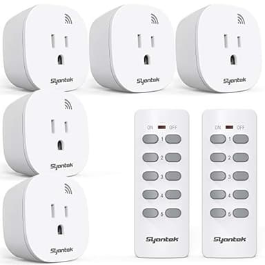 Syantek Remote Control Outlet Wireless Light Switch for Household Appliances, Expandable Remote Light Switch Kit, Up to 100 ft Range, FCC Certified, ETL Listed, White (5 Outlets + 2 Remotes)