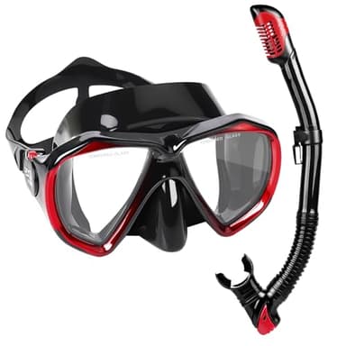 Adult Snorkel Set, Professional Snorkeling Gear Panoramic Anti-Fog Diving Goggles and Dry Snorkel Tempered Glass Scuba Mask for Diving, Snorkeling and Swimming (Red Set)