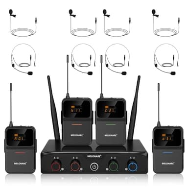 MELONARE 4-Channel Wireless Microphone System,UHF Compact Cordless Mic Set w/ 4x10 Frequencies, 200ft Range, 4 Bodypacks & Headset/Lapel Microphones for Singing, Church, Conference (MWM-41-4B)