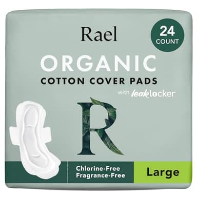 Rael Pads for Women, Organic Cotton Cover - Period Pads with Wings, Feminine Care, Sanitary Napkins, Heavy Absorbency, Unscented (Large, 24 Count)