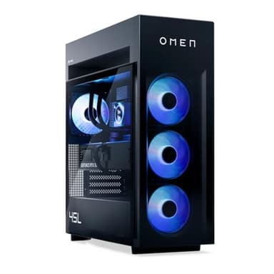 PCONLINE HP Omen MAX RTX 5090 Gaming Desktop, Ryzen 9 9900X3D 5.5GHz, 32GB DDR5 RAM, 1TB SSD, RGB Light Studio, LCD Liquid Cooler, DP, RJ-45, Wi-Fi 7, Black, Windows 11 Pro