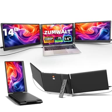 ZUMWALT Laptop Screen Extender, 14" Triple Portable Monitor for Laptop, 1080P FHD Screen Extender Monitors for 13"-16.5", Monitor Extender for MacOS/Windows/Chrome (Built-in Speakers)