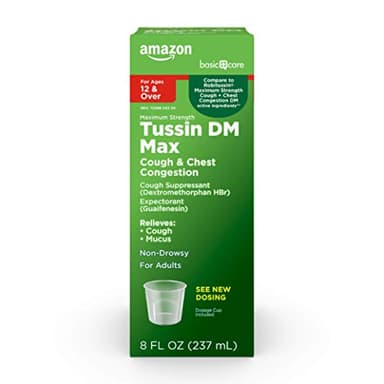 Amazon Basic Care Tussin DM MAX, Cough and Cold Medicine Syrup, Maximum Strength Mucus and Congestion Relief, Non-Drowsy, Raspberry Menthol Flavor, 8 fl oz (Pack of 1)