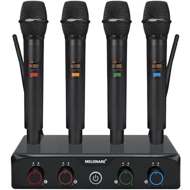 MELONARE 4-Channel Wireless Microphone System, UHF Compact Cordless Mic Set w/ 4x10 Frequencies, 200ft Range, Dynamic Handheld Microphone for Singing, Karaoke, Church, DJ, Wedding (MWM-41-4H)