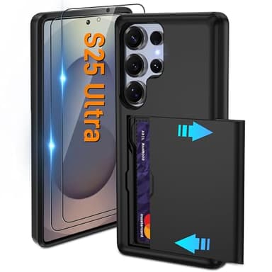 Pilaru for Samsung Galaxy S25 Ultra Case with Card Holder and (2 Pcs) HD Screen Protector, Slim Heavy Duty Dual Layer Shockproof Design & Hidden Card Slot Wallet Case for Galaxy S25 Ultra-Black