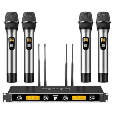 TONOR Wireless Microphones System, 4x5 Channel UHF Wireless Mic, 4 Handheld Adjustable Frequency Metal Cordless Dynamic Mic, Multiset Operation, 90 m Ideal for Karaoke Singing Wedding Church, Silver