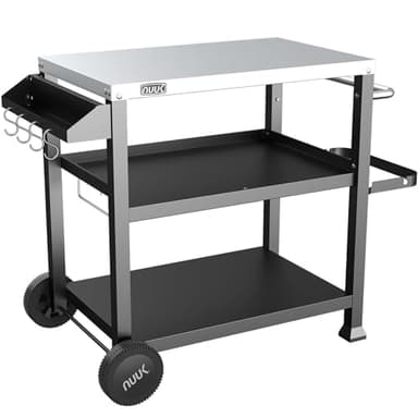 NUUK 3-Shelf Grill Cart for Outdoor with Stainless Steel Top – 20" x 32" Movable Pizza Oven Stand with Wheels Kitchen Prep Table BBQ Cart Worktable