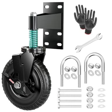 8 Inch Fence Gate Wheels with Brake 2 Install Heavy Duty Gate Wheels for Metal Wooden Gate Sliding Hardware 600lb Capacity 360° Rotation Spring-Loaded Farm Garden Caster Screwdriver Gloves Black
