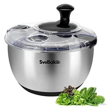 SveBake Stainless Steel Salad Spinner, 4.8 Qt Vegetable Washer, BPA-Free Lettuce Dryer with Crank Design, Dishwasher Safe, Non-Slip Base - Transparent Lid