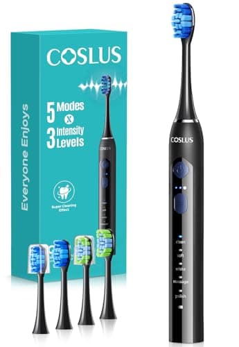 COSLUS Sonic Electric Toothbrush for Adults: 3 Intensities & 5 Modes Customized for Effective Yet Gentle Cleaning - 2 Types of Heads for Gentle or Daily Care, Travel & Family Home Use, Black, 1PC