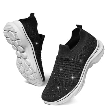 SMILIN Women's Rhinestone Sneakers, Comfortable Bling Sparkly Glitter Tennis Shoes, Breathable Mesh Slip On Walking Shoes for Women Black