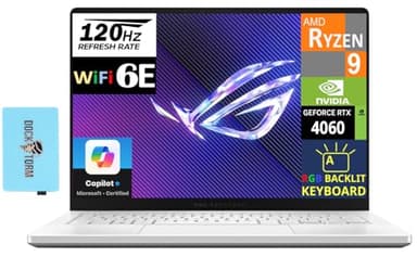 ASUS ROG Zephyrus G14 14.0" OLED 120Hz QHD White Gaming Laptop (AMD Ryzen 9 8945HS, RTX 4060 8GB, 16GB LPDDR5X RAM, 2TB PCIe SSD, RGB Backlit KB, WiFi 6E, Bluetooth 5.3, Micro SD, Win11Pro) w/DKZ Hub