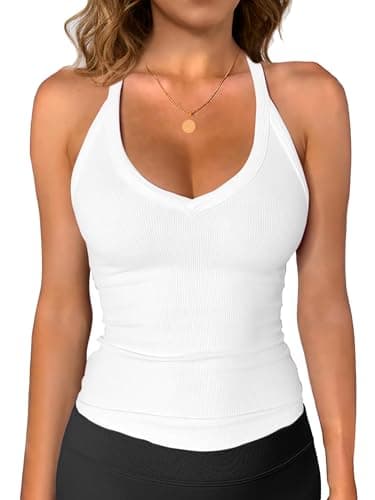 iGENJUN Workout Tops for Women Racerback Tank Tops 2025 Yoga Gym Ribbed Sleeveless Shirts Clothes,M,White