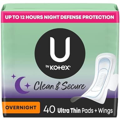 U by Kotex Ultra Thin Pads with Wings, Clean & Secure, Overnight Absorbency, 40 Count (Packaging May Vary)