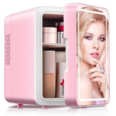 Reemix Skincare Fridge, Mini Beauty Fridge with LED Mirror, 4L Portable Small Refrigerator for Bedroom, Car, Office & Dorm, Cooler & Warmer (Pink)