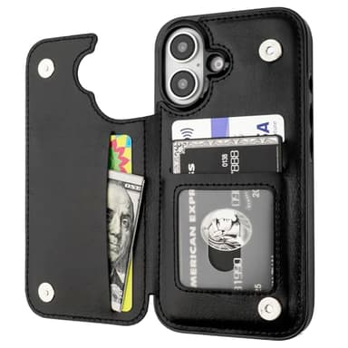 ONETOP Compatible with iPhone 16 Wallet Case with Card Holder, PU Leather Kickstand Card Slots Case, Double Magnetic Clasp and Durable Shockproof Cover 6.1 Inch (Black)