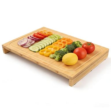 BAMOTTO CRAFTBAMBOO 12.6x22 Inch Large Bamboo Cutting Board, Countertop Dishwasher Cover, Over Sink & RV Stovetop Cover Board with 2 Detachable Support Panels, Reversible with Juice Groove