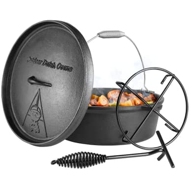 LIFERUN Dutch Oven Pot with Lid, 12 Quart Cast Iron Dutch Oven, without Feet, with Stand & Spiral-shaped Handle, Cast Iron Pot for Outdoor & Indoor, black