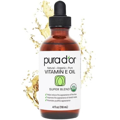 PURA D'OR 4 Oz Organic Vitamin E Oil – USDA Certified Face, Body, Hair & Bath Oil with Argan, Jojoba, Rosehip, Apricot, Almond & Avocado – Lightweight Moisturizing Blend for Soft, Smooth Skin