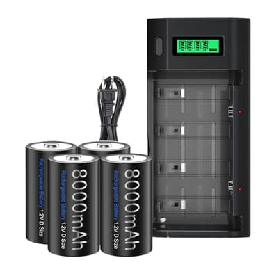 Rechargeable D Batteries with Charger, Universal Battery Charger for AA AAA 9V D C Rechargeable Battery Cell with 4 Pack NiMH D Size Batteries