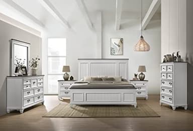 Clelane Wood Bedroom Set with Shiplap Panel King Bed, Dresser, Mirror, Two Nightstands, and Chest in Weathered White and Dark Gray