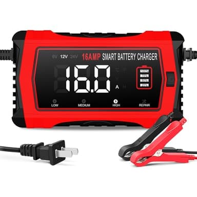 Haisito 16-Amp Smart Battery Charger (6V/12V/24V), Fully Automatic Trickle Charger Maintainer & Desulfator for Car Boat RV - Supports Lithium LiFePO4, AGM, Gel, Deep Cycle Lead-Acid Batteries