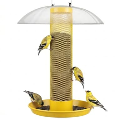 Kingsyard Finch Bird Feeder for Outdoors Hanging, Metal Mesh Tube Bird Feeders for Thistle & Nyjer Seed, Large Removable Tray & Rainproof Dome, 2.5 lbs Seed Capacity, Yellow