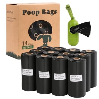 Dog Poop Bags Rolls Refill: TVOOD 280 Count Unscented Doggie Poop Bags with Dispenser Leak Proof and Thick Poo Bag for Pet Waste (Black)