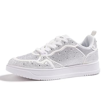 TIMEJOY Women's Sparkly Rhinestone Sneakers Comfortable Athletic Glitter Platform Tennis Shoes for Casual, Gym & Fashion Outfits(9 US, White)