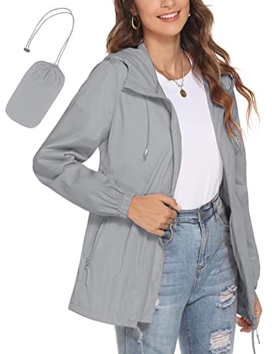 Avoogue Womens Lightweight Travel Trench Waterproof Raincoat Hoodie Windproof Hiking Coat Packable Rain Jacket XXL