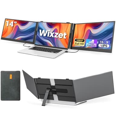 Wixzet 14" Triple Laptop Screen Extender, Ultra-Thin FHD 1080P Portable Monitor, 2.2lbs Lightweight Plug & Play Travel Monitor for 13"-17" Laptops, Compatible with Windows/Mac/Android/Chrome