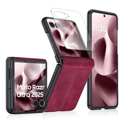 BSNRM for Motorola Razr Ultra 2025 Case Built-in Screen Protector & Hinge Protection & Ultra Thin PU Leather Matte PC Shockproof Phone Cover Smartphone Case for Moto Razr Ultra 2025 (Red)