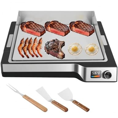 Besococina Electric Griddle 536°F Max Temp, Electric Grill Indoor Outdoor 14", Dishwasher-Safe Indoor electric skillet, Nonstick Flat Top Grill 5mm Stainless Steel Plates, Spatula & Fork