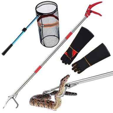 Qualirey Snake Grabber Tool Set, 50" Foldable Snake Tongs and 16"-24" Extendable Catcher Net with Handling Gloves, Professional Reptile Heavy Duty Catcher Wide Jaw Handling Tool
