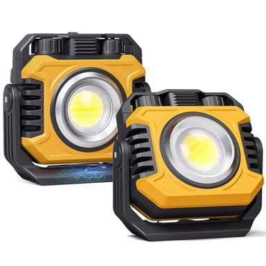 Samyoung 2-Pack Magnetic Rechargeable Work Light, 2400LM Dual-Sided LED Work Light, 4-80H Runtime, Stepless Dimming 2700K-8000K COB Floodlight + 1000LM Spotlight, 360° Rotating Stand & Hook (Yellow)