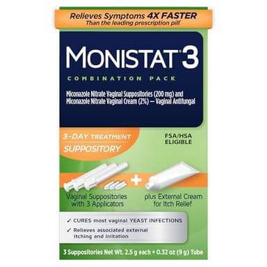 Monistat 3-Day Yeast Infection Treatment for Women, 3 Miconazole Vaginal Suppositories & External Itch Relief Cream (9g Tube) Combo Pack