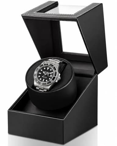 Watch Winder for Automatic Watches: Automatic Single Watch Winder Box in Black PU Leather with Japanese Quiet Motor USB Powered - Gift for Men & Women