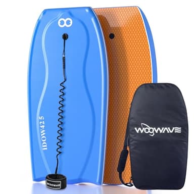 WOOWAVE Bodyboard 42.5 inch Includes Premium Body Board Bag and Coiled Wrist Leash, Pro Performance Body Board for Kids Adults - PE Core, IXPE Foam Deck, HDPE Slick Bottom, FRP Stringers (Blue)