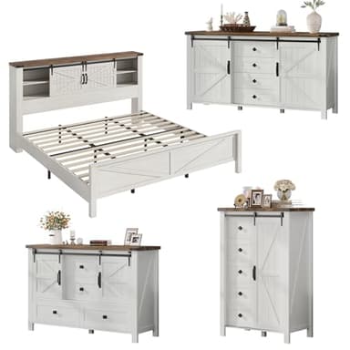 AMERLIFE 4-Piece Farmhouse Bedroom Set in Distressed White, King Size Bed Frame with Bookcase Headboard, 5-Drawer Tall Dresser, 47'' Dresser with 4 Drawers, 60" Dresser with 4 Drawers