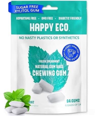 HAPPY ECO Sugar Free Natural Chewing Gum 6 Pack (84 Pieces) - Plastic Free, Xylitol Gum with Stevia - Aspartame Free - Non GMO, Vegan, Gluten Free Keto - Spearmint