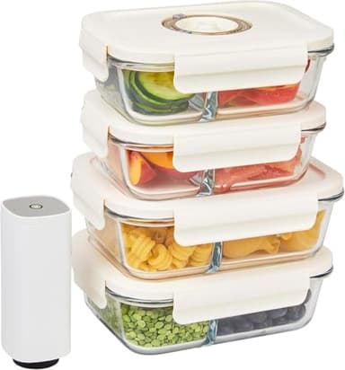 HOLDN’ STORAGE Vacuum Food Storage Containers, Set of 4 Compartment Containers & Electronic Pump - Keep Food Fresh Longer, BPA-Free Glass, Leak-Proof, Ideal for Meal Prep, Marinating