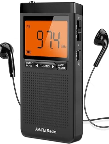 AM FM Portable Radio Personal Radio with Excellent Reception Battery Operated by 2 AAA Batteries with Stero Earphone, Large LCD Screen, Digtail Alarm Clock