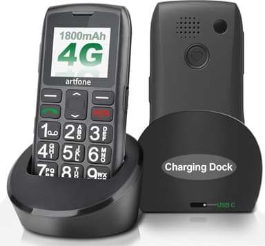 artfone C1+4G Big Button Mobile Phone for Elderly丨USB-C, Charging Dock丨1800mAh Battery丨Easy to Use Basic Elderly Phone丨SIM Free Unlocked Senior Mobile Phone丨SOS Button丨FM Radio丨Time Reporting - Black